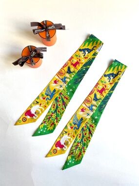 Hermès Set of 2 Twilly Scarves 100% Silk | Le Charme D’Orphee | Yellow & Green